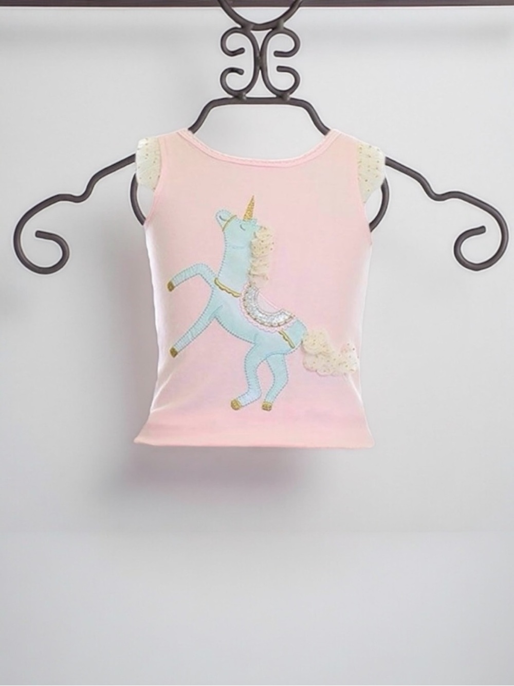 👚2/$10 👗3/$12 Mud Pie Pink Unicorn Flutter Sleeve Top Baby Girls 12-18 Months